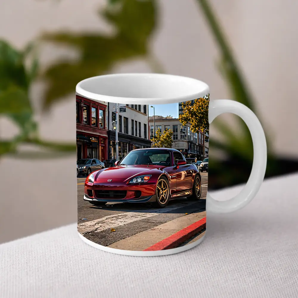 Honda S2000 Burgundy Downtown Street Scene – Mugs