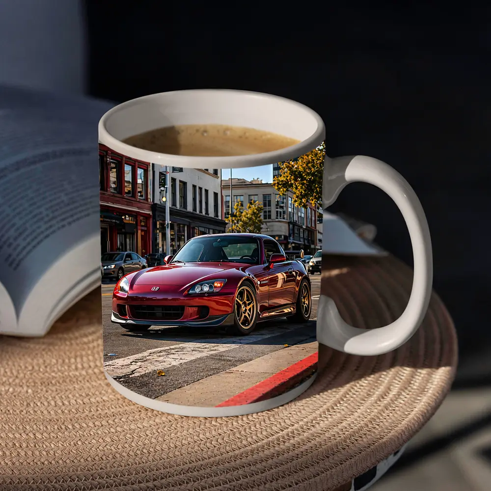 Honda S2000 Burgundy Downtown Street Scene – Mugs