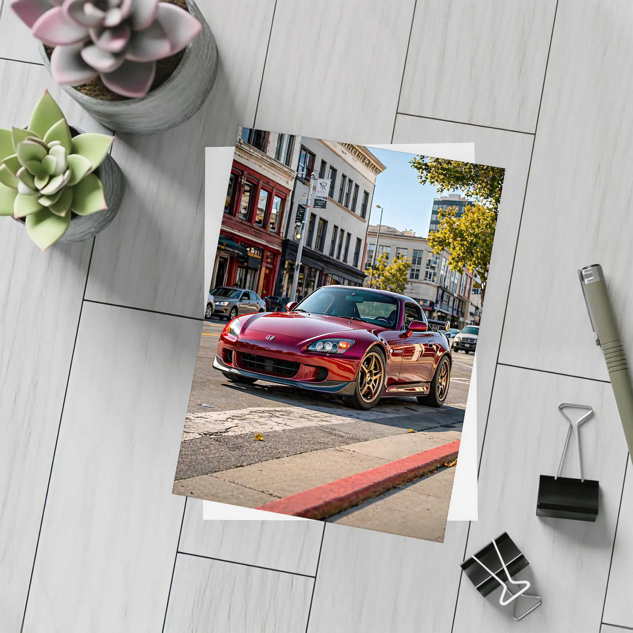 Honda S2000 Burgundy Downtown Street Scene – Postcards