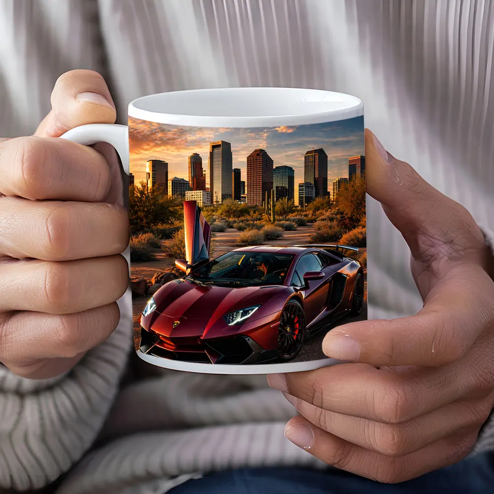 Lamborghini Aventador Burgundy Phoenix City Sunset – Mugs