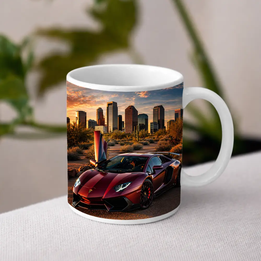 Lamborghini Aventador Burgundy Phoenix City Sunset – Mugs