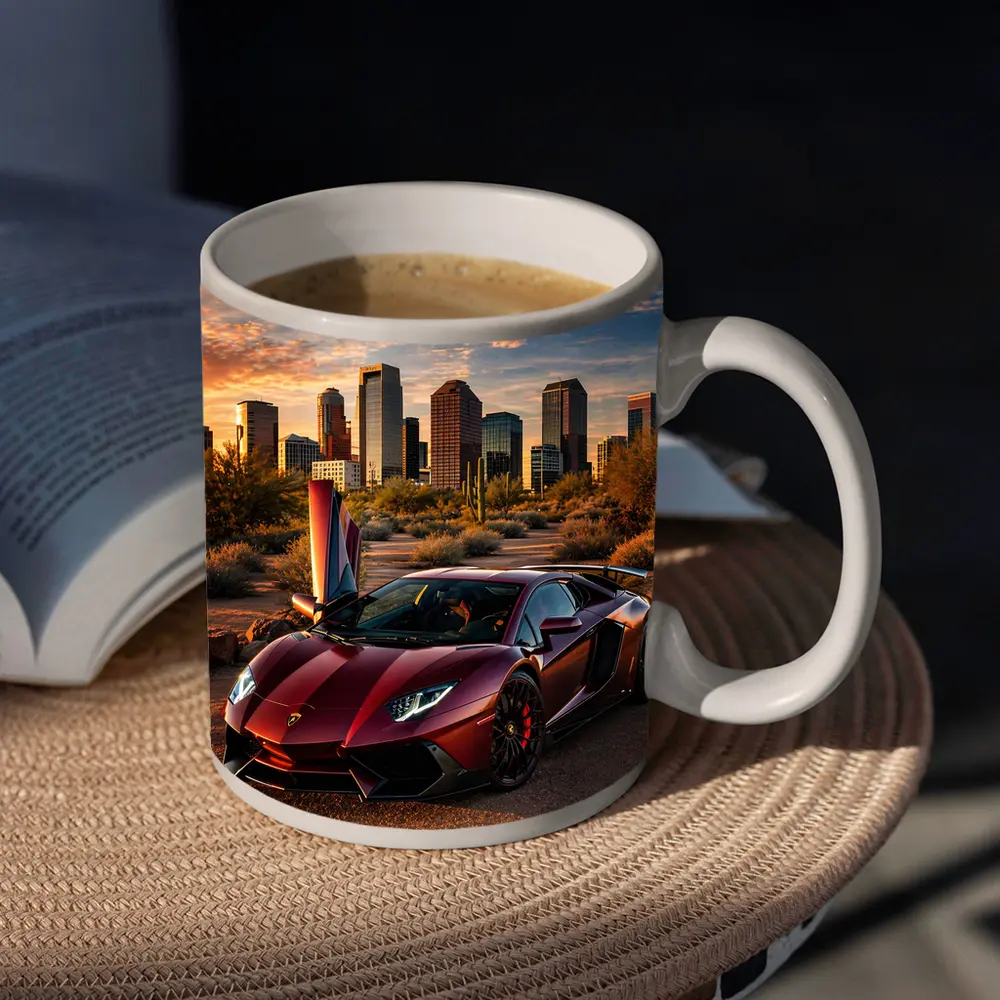 Lamborghini Aventador Burgundy Phoenix City Sunset – Mugs