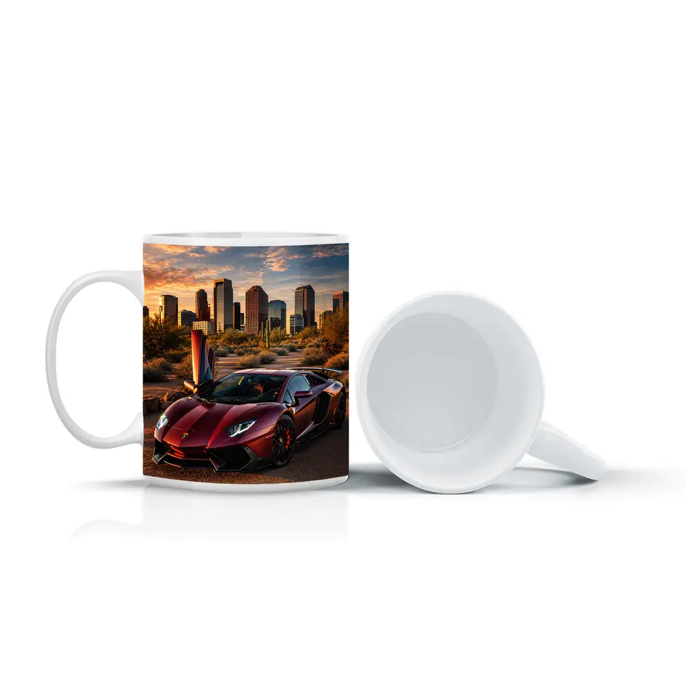 Lamborghini Aventador Burgundy Phoenix City Sunset – Mugs