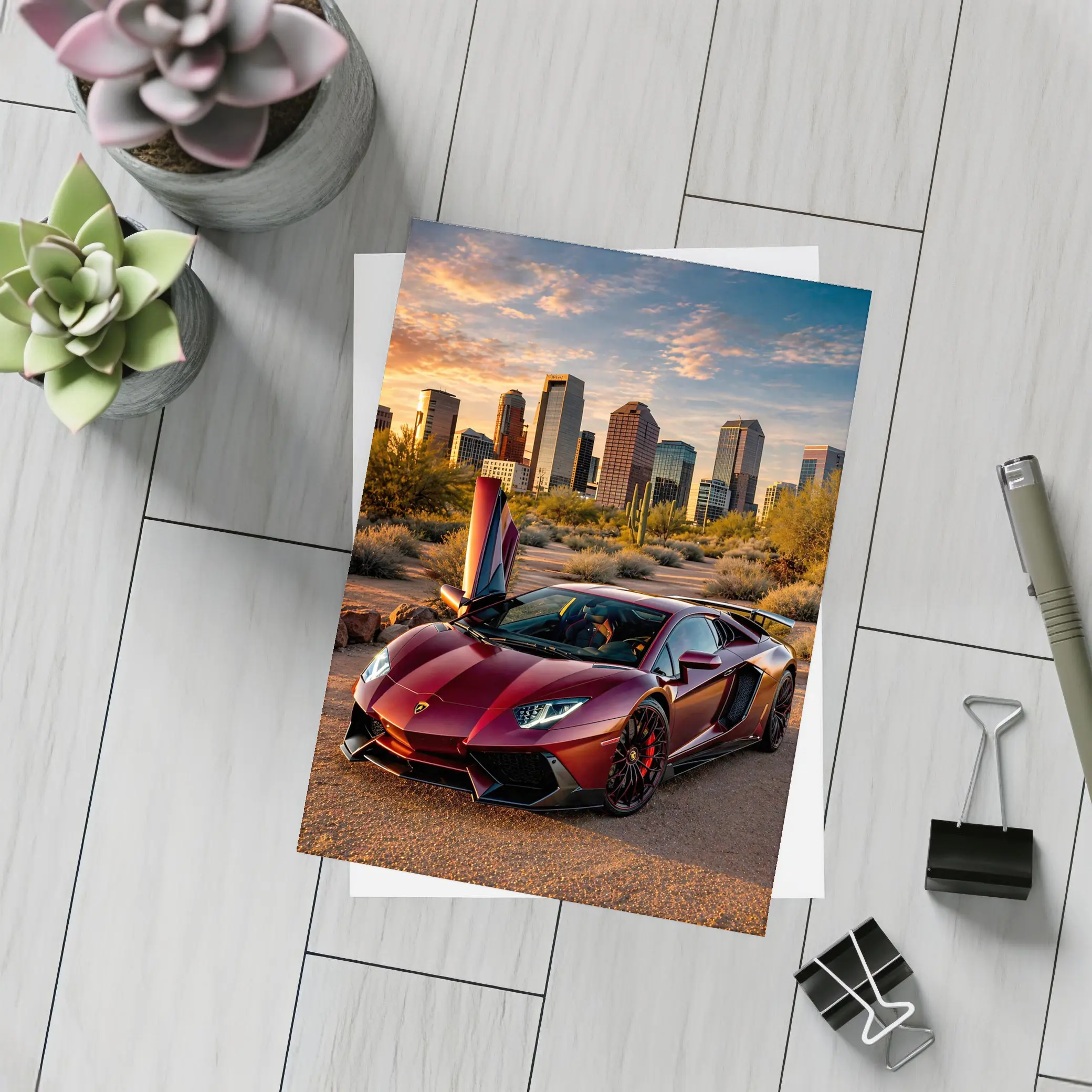 Lamborghini Aventador Burgundy Phoenix City Sunset – Postcards