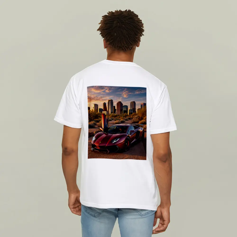 Lamborghini Aventador Burgundy Phoenix City Sunset – T-Shirts