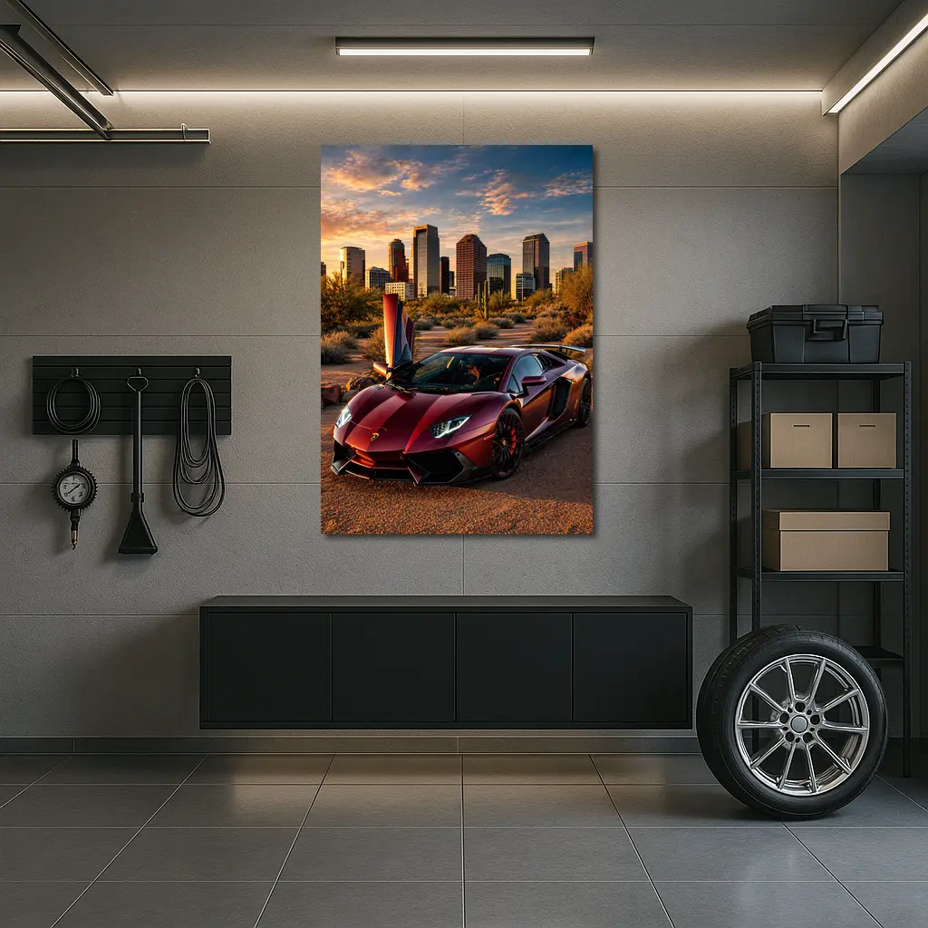 Lamborghini Aventador Burgundy Phoenix City Sunset – Wall Art