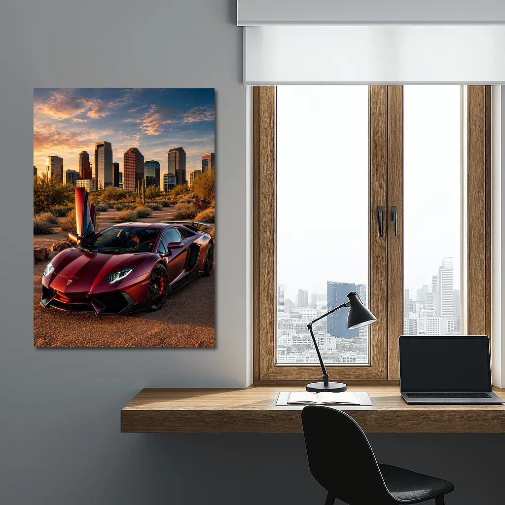 Lamborghini Aventador Burgundy Phoenix City Sunset – Wall Art