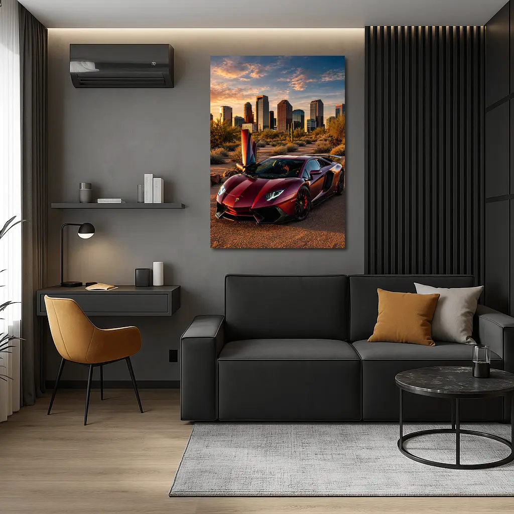 Lamborghini Aventador Burgundy Phoenix City Sunset – Wall Art