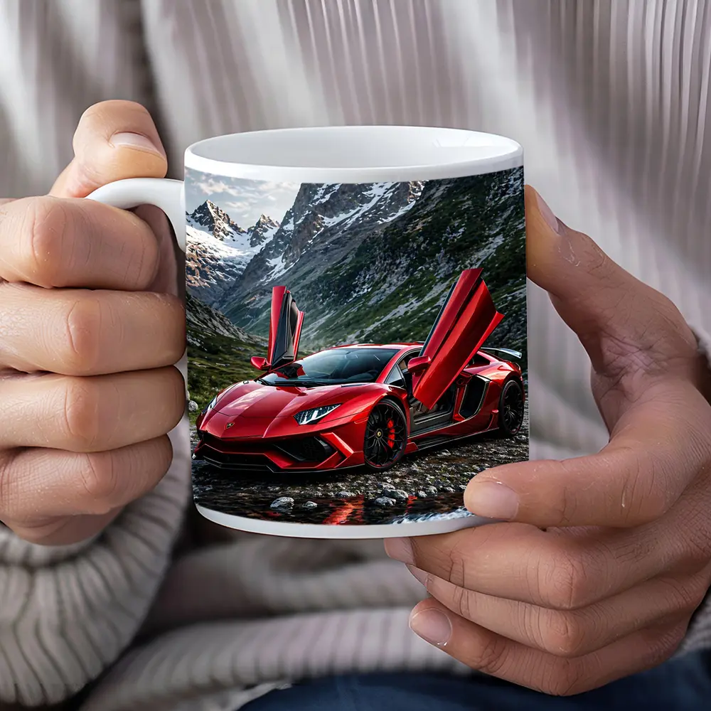 Red Lamborghini Aventador Mountain Alpine Setting – Mugs