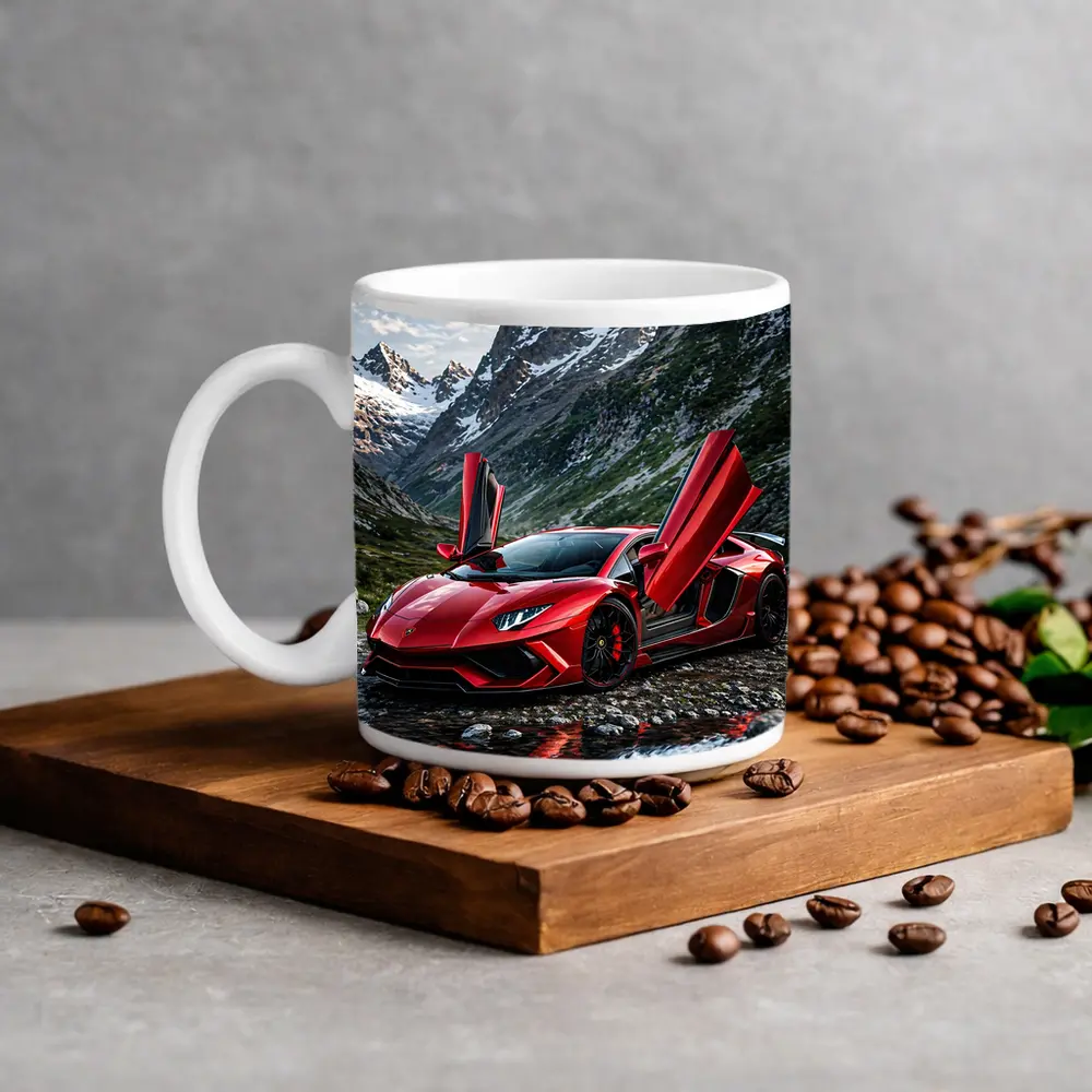Red Lamborghini Aventador Mountain Alpine Setting – Mugs