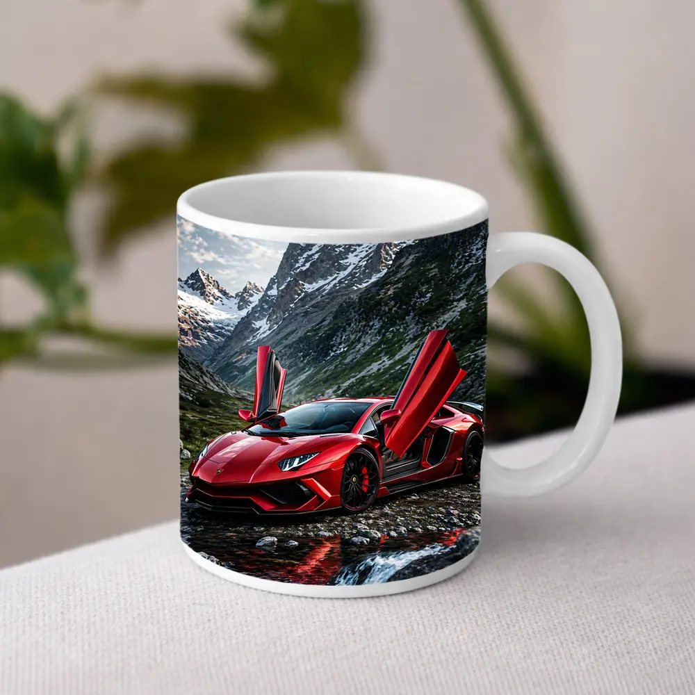 Red Lamborghini Aventador Mountain Alpine Setting – Mugs