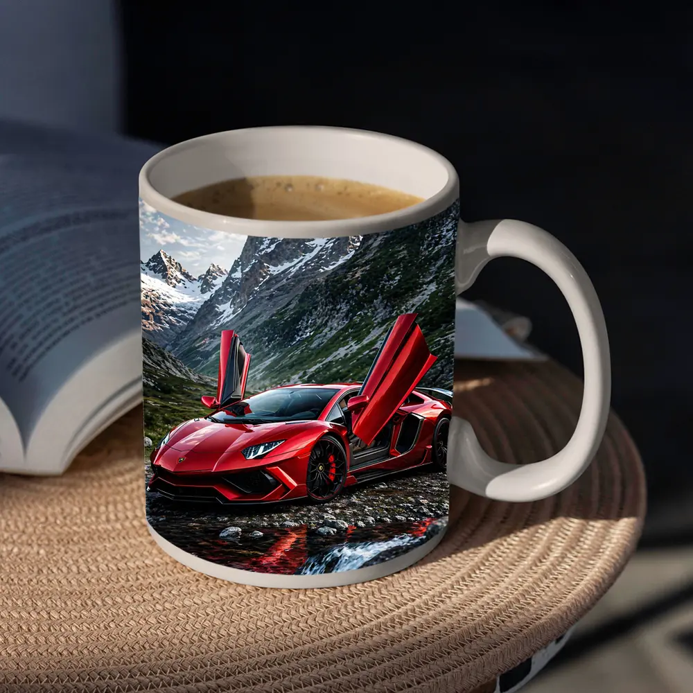 Red Lamborghini Aventador Mountain Alpine Setting – Mugs