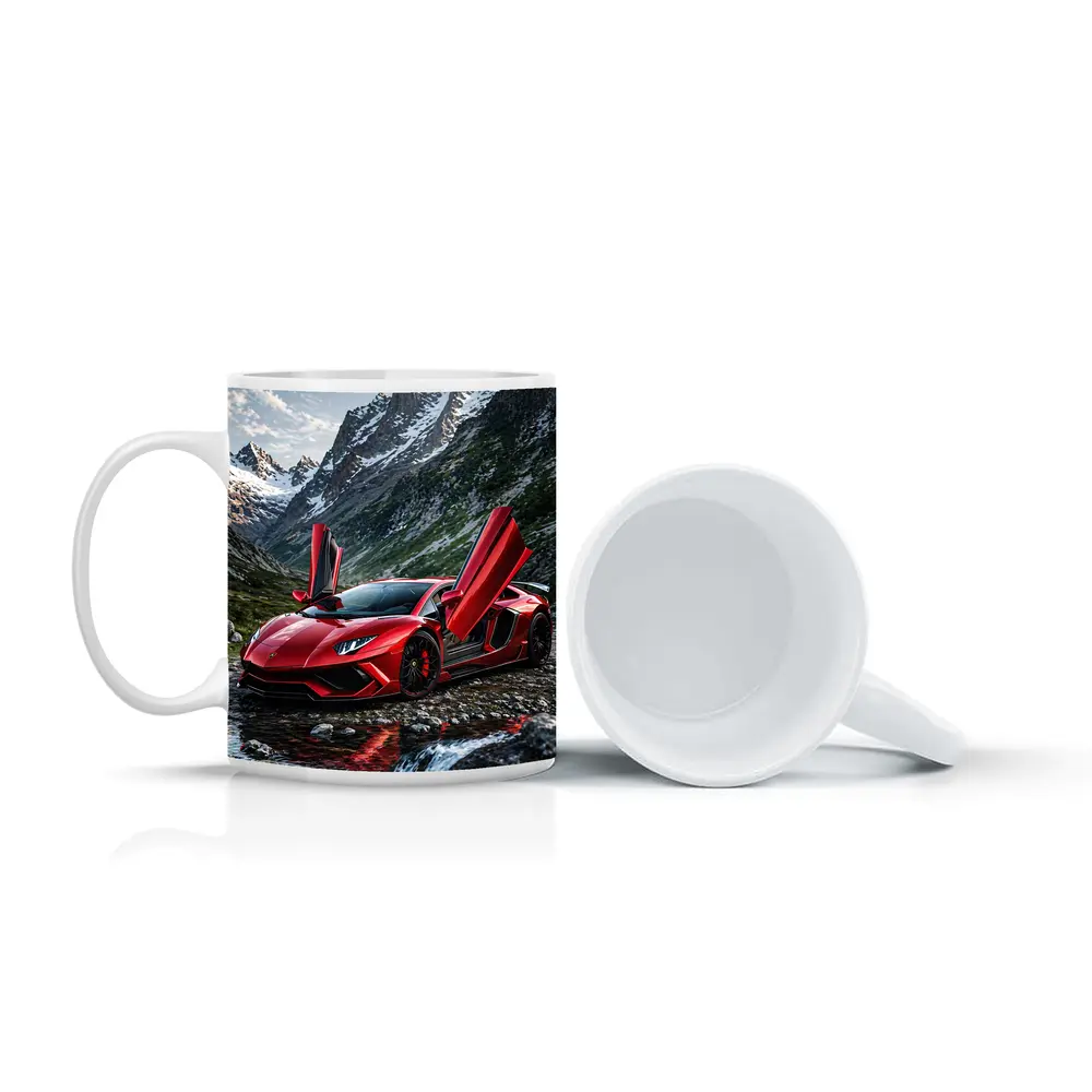 Red Lamborghini Aventador Mountain Alpine Setting – Mugs