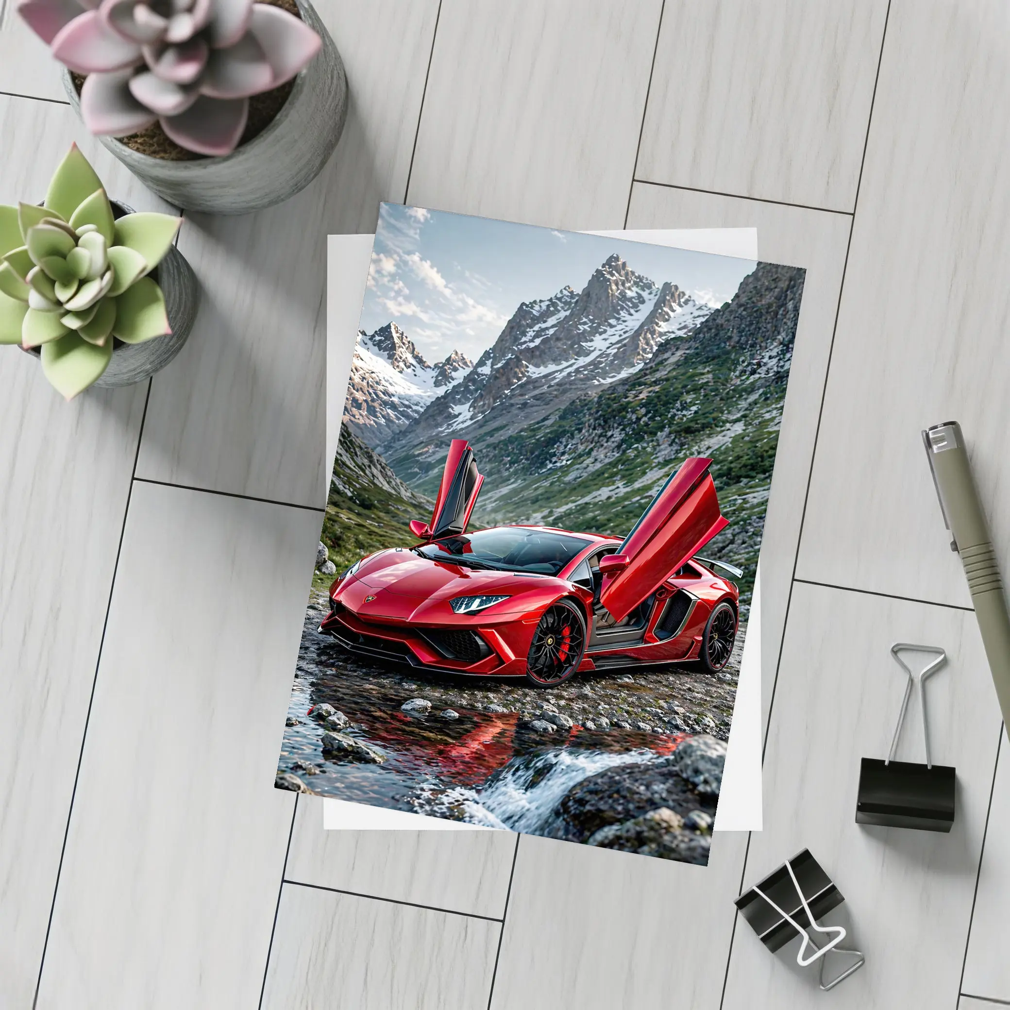 Red Lamborghini Aventador Mountain Alpine Setting – Postcards