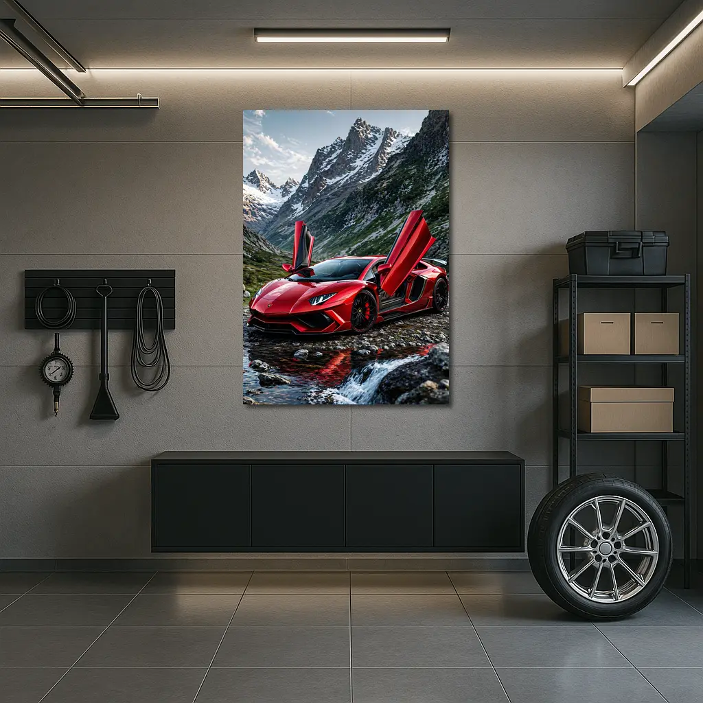 Red Lamborghini Aventador Mountain Alpine Setting – Wall Art