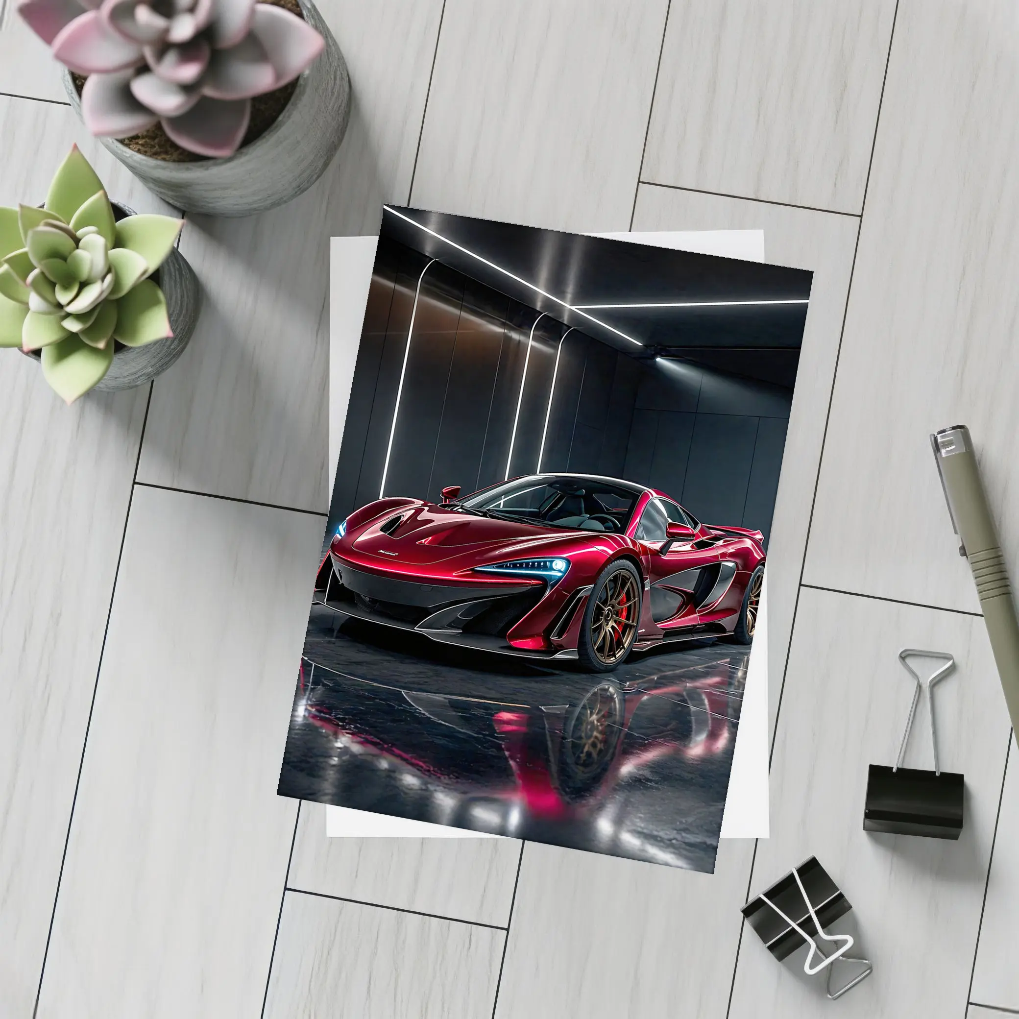 Red McLaren 600LT Dark Showroom Setting – Postcards