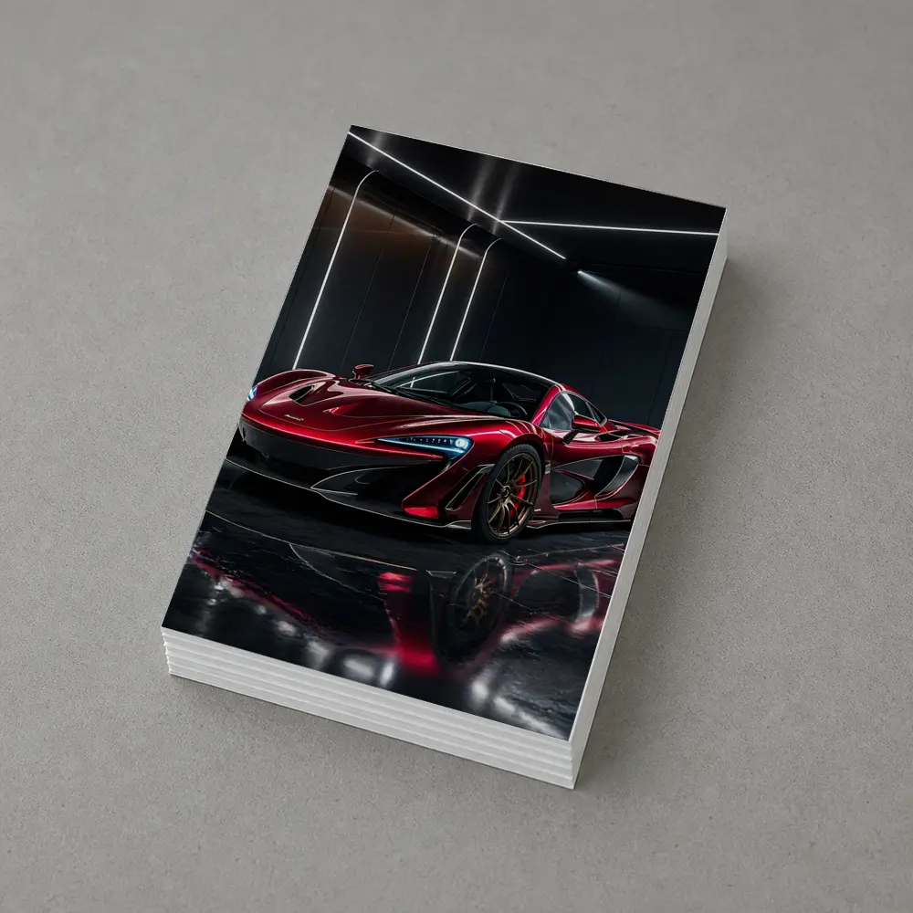 Red McLaren 600LT Dark Showroom Setting – Postcards
