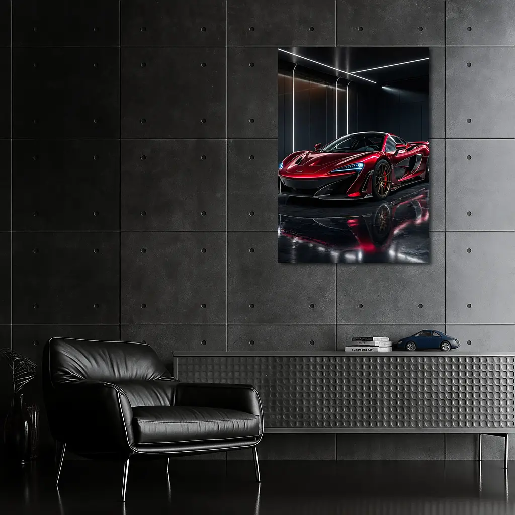 Red McLaren 600LT Dark Showroom Setting – Wall Art