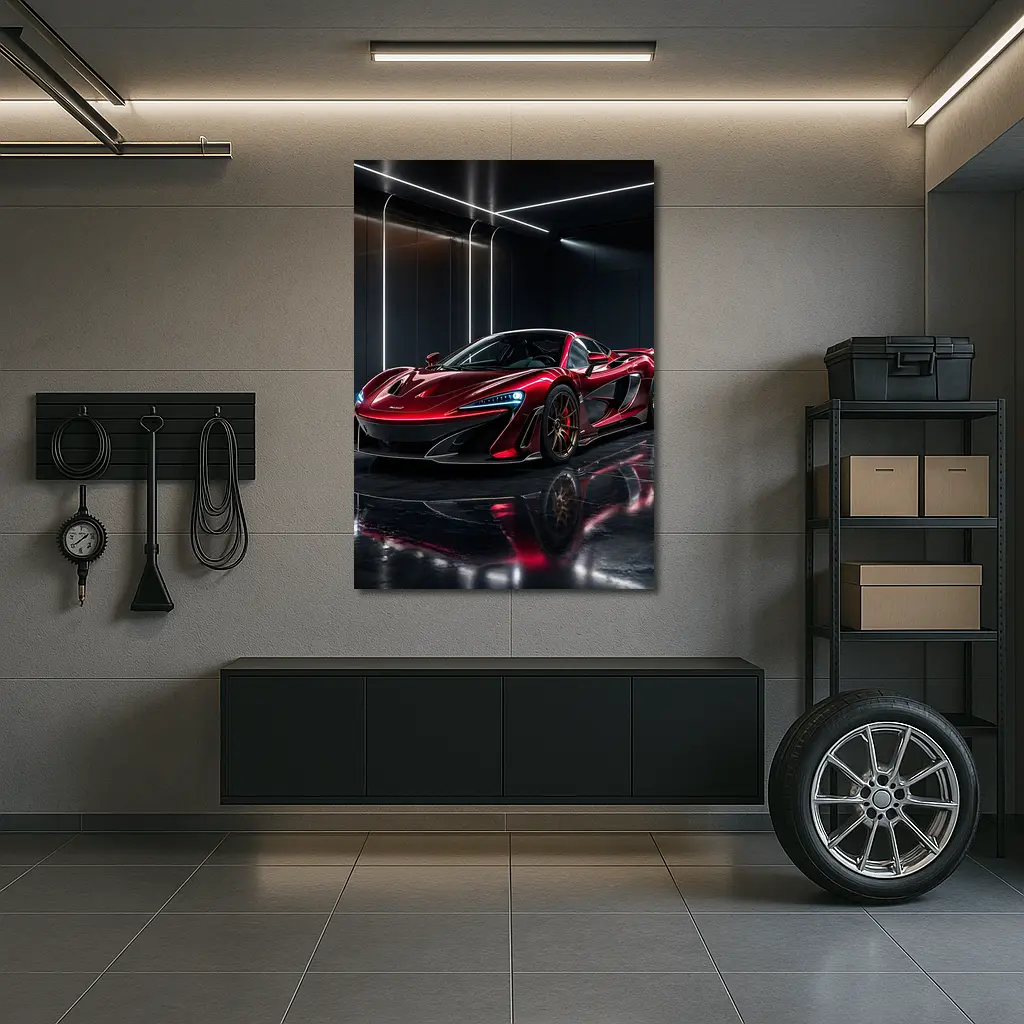 Red McLaren 600LT Dark Showroom Setting – Wall Art