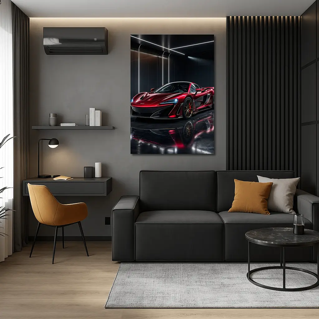 Red McLaren 600LT Dark Showroom Setting – Wall Art