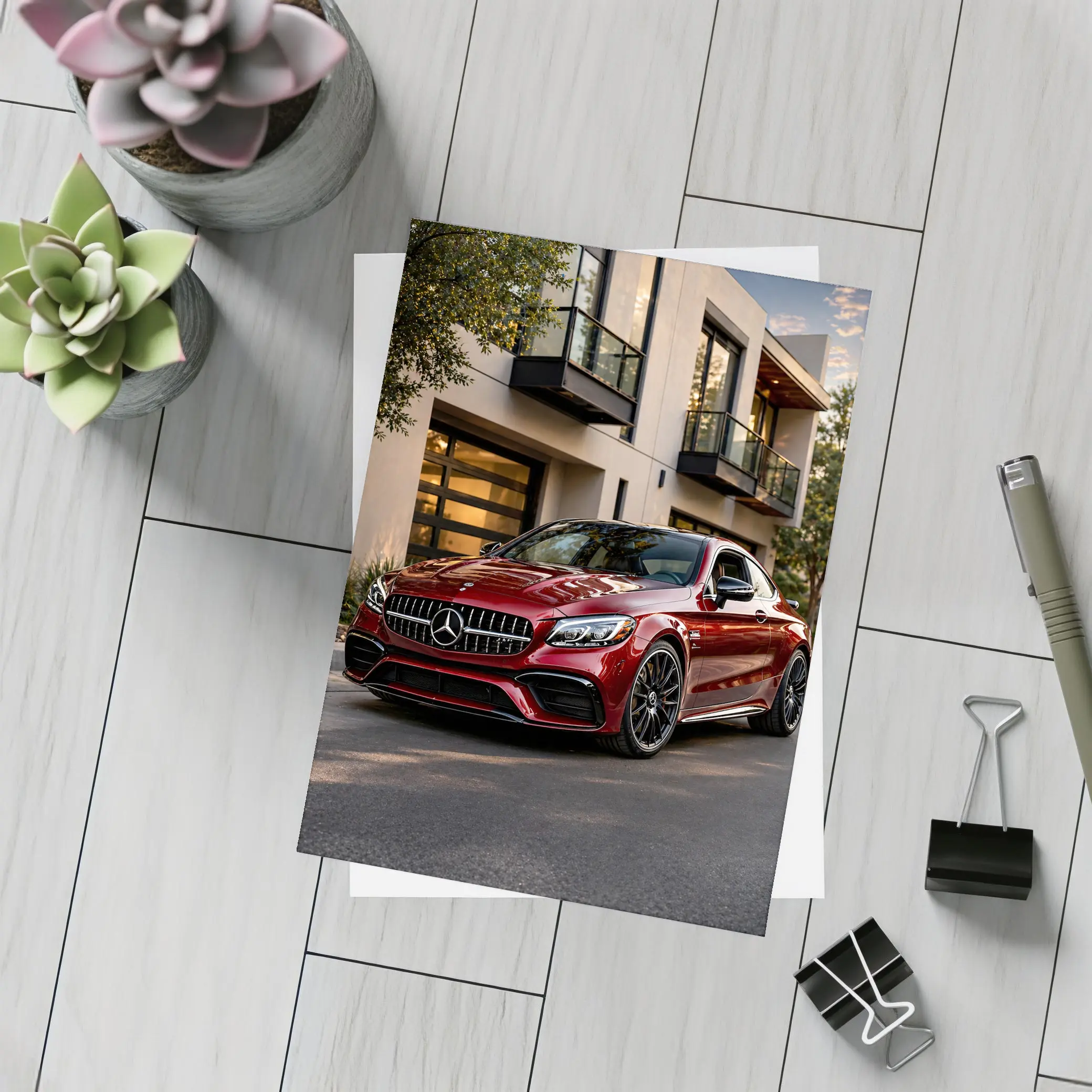 Mercedes AMG C63 Red Coupe Modern House – Postcards