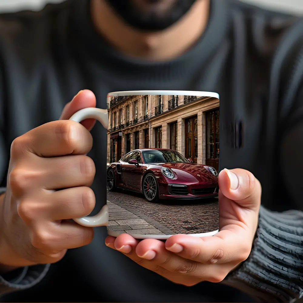 Burgundy Porsche 911 Parisian Street Scene – Mugs