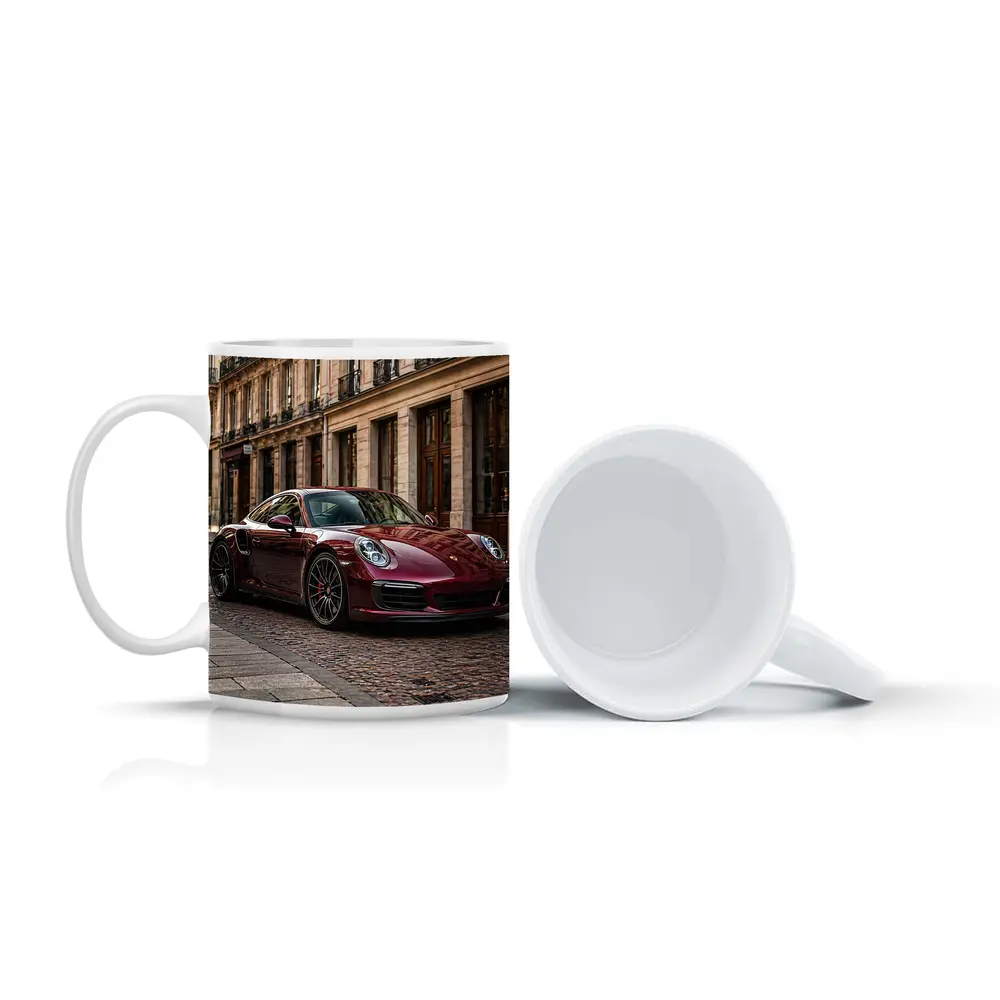Burgundy Porsche 911 Parisian Street Scene – Mugs