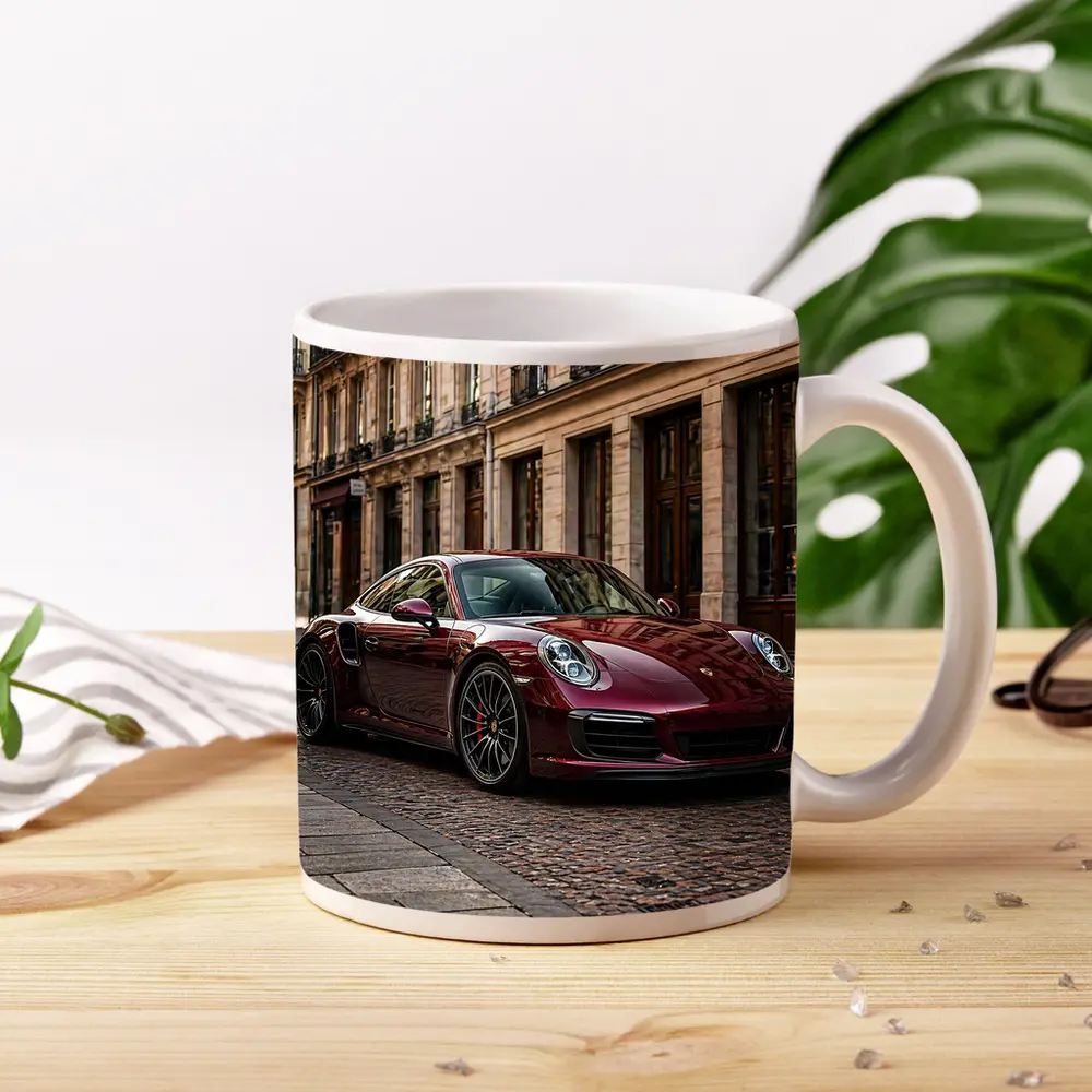Burgundy Porsche 911 Parisian Street Scene – Mugs