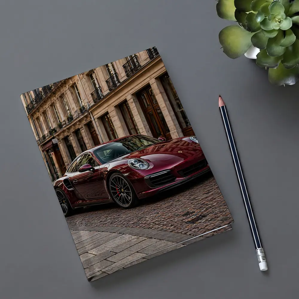 Burgundy Porsche 911 Parisian Street Scene – Notebooks