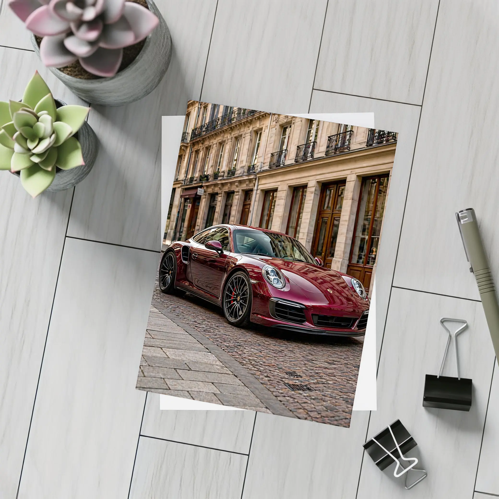 Burgundy Porsche 911 Parisian Street Scene – Postcards