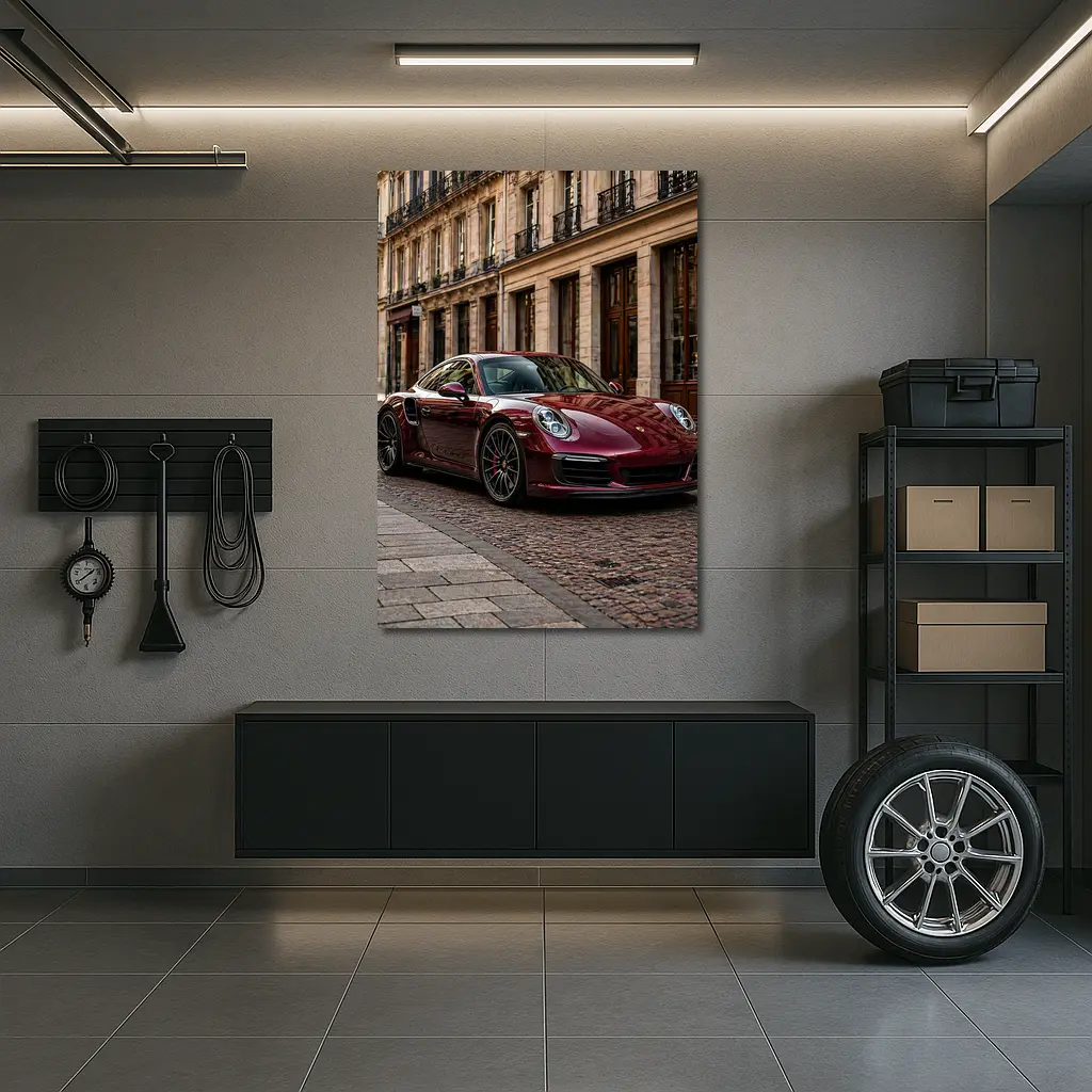 Burgundy Porsche 911 Parisian Street Scene – Wall Art