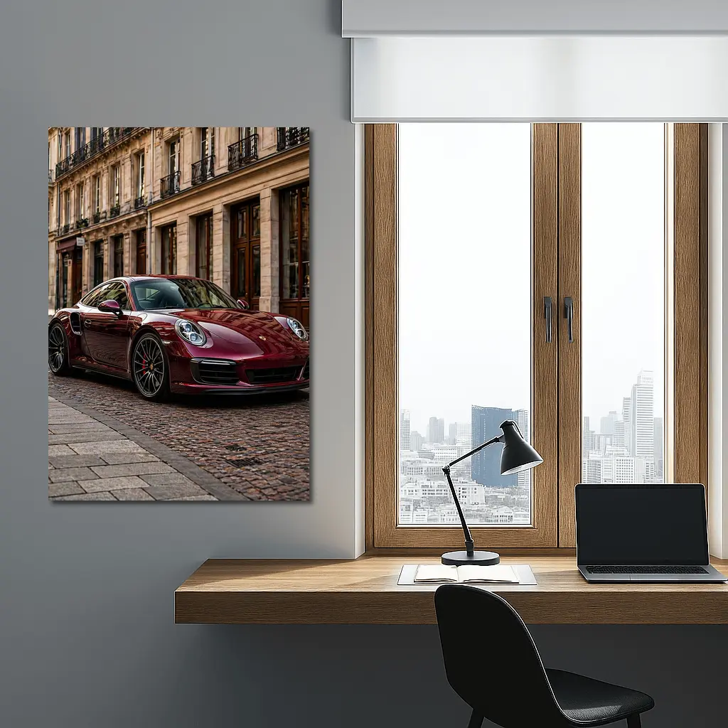 Burgundy Porsche 911 Parisian Street Scene – Wall Art