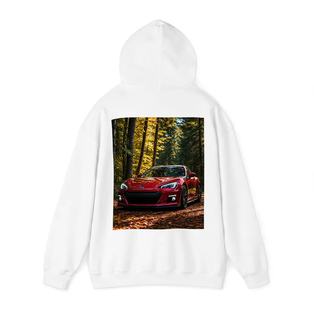 Red Subaru BRZ Parked in Autumn Forest – Hoodies