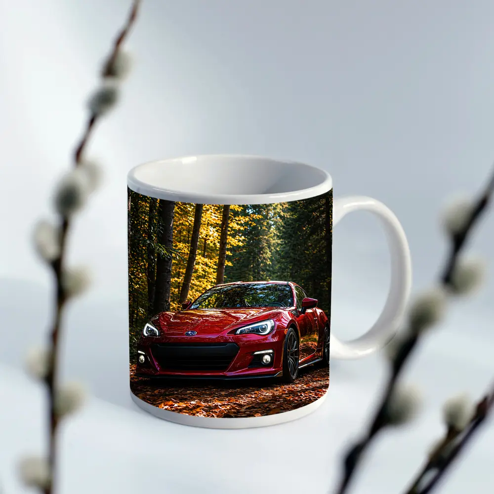 Red Subaru BRZ Parked in Autumn Forest – Mugs