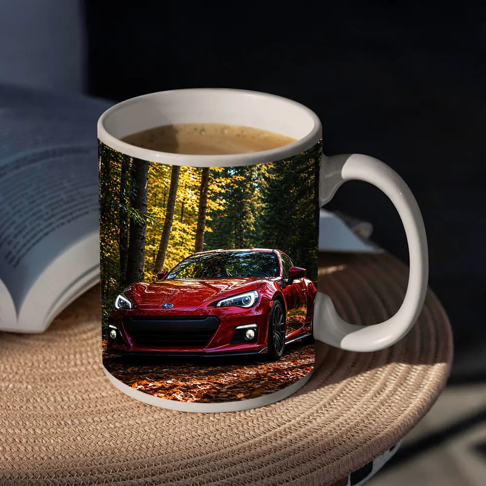 Red Subaru BRZ Parked in Autumn Forest – Mugs