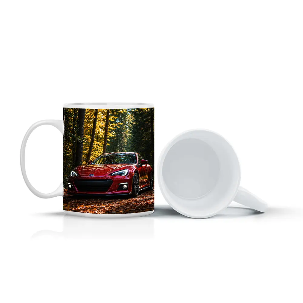 Red Subaru BRZ Parked in Autumn Forest – Mugs
