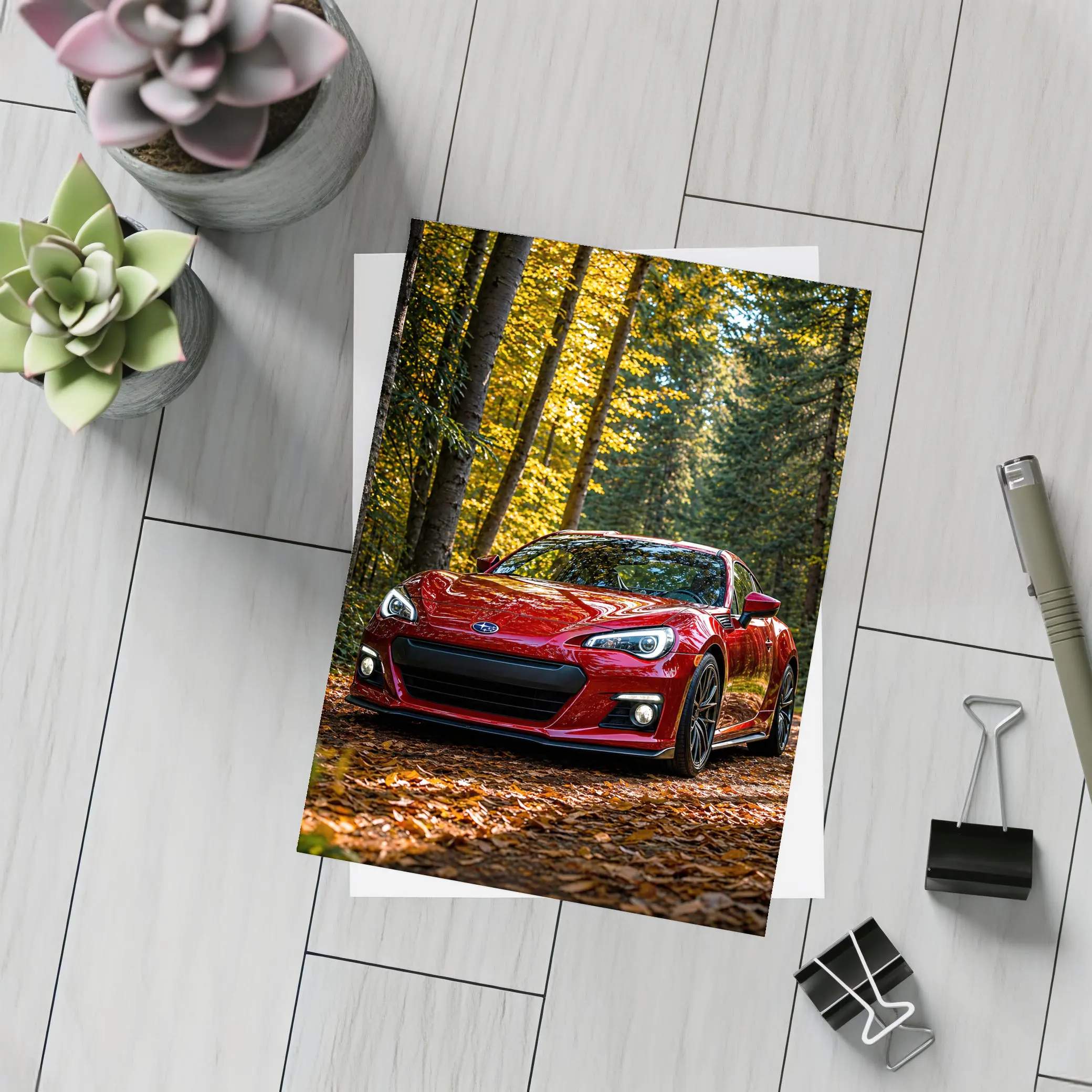 Red Subaru BRZ Parked in Autumn Forest – Postcards