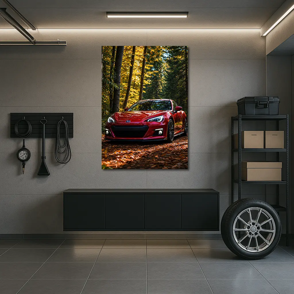 Red Subaru BRZ Parked in Autumn Forest – Wall Art