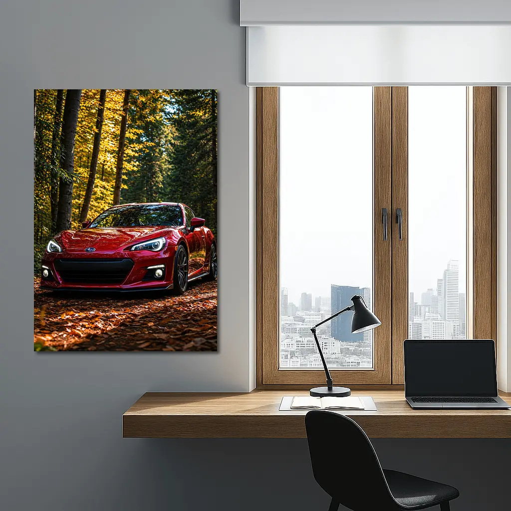 Red Subaru BRZ Parked in Autumn Forest – Wall Art