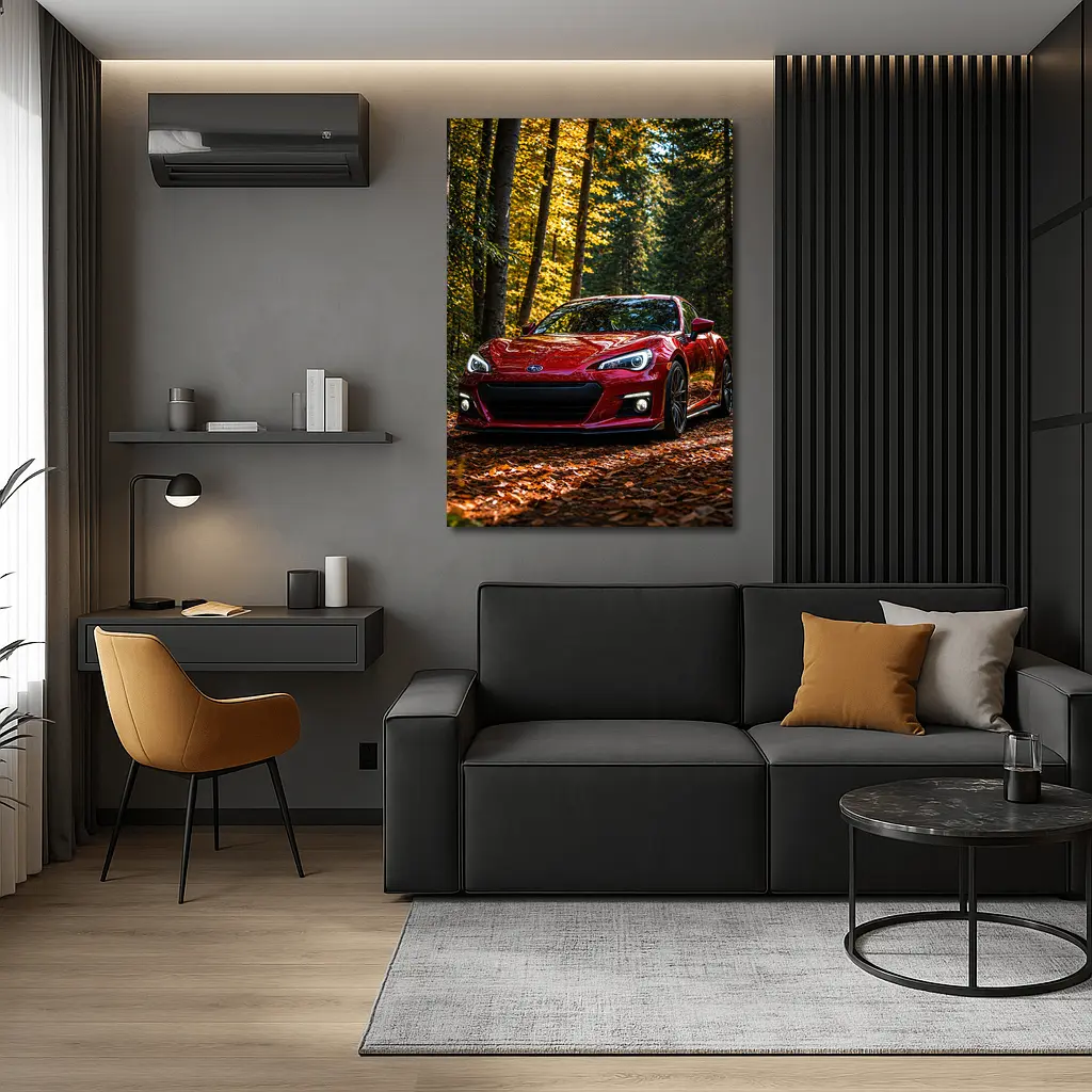 Red Subaru BRZ Parked in Autumn Forest – Wall Art