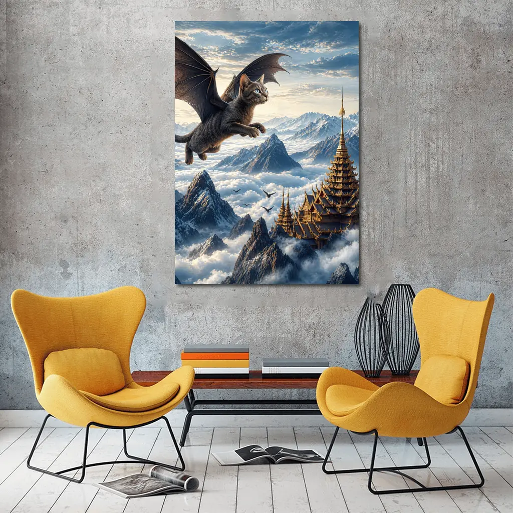 Burmese Dragon Cat Flying Over Mountains – Wall Art