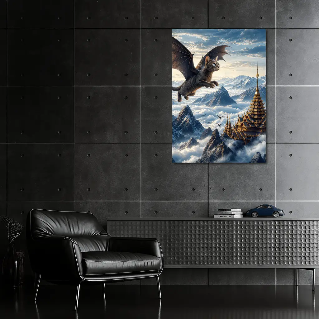 Burmese Dragon Cat Flying Over Mountains – Wall Art