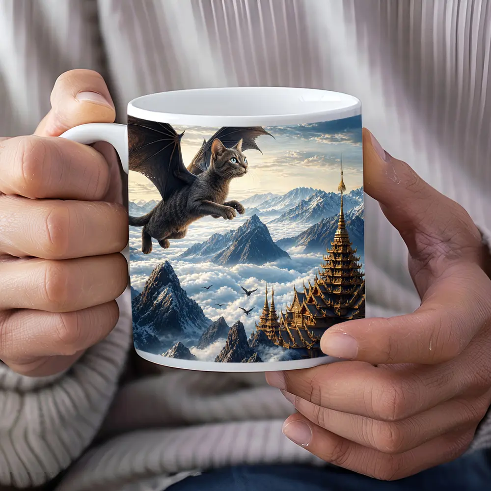 Burmese Dragon Cat Flying Over Mountains – Mugs