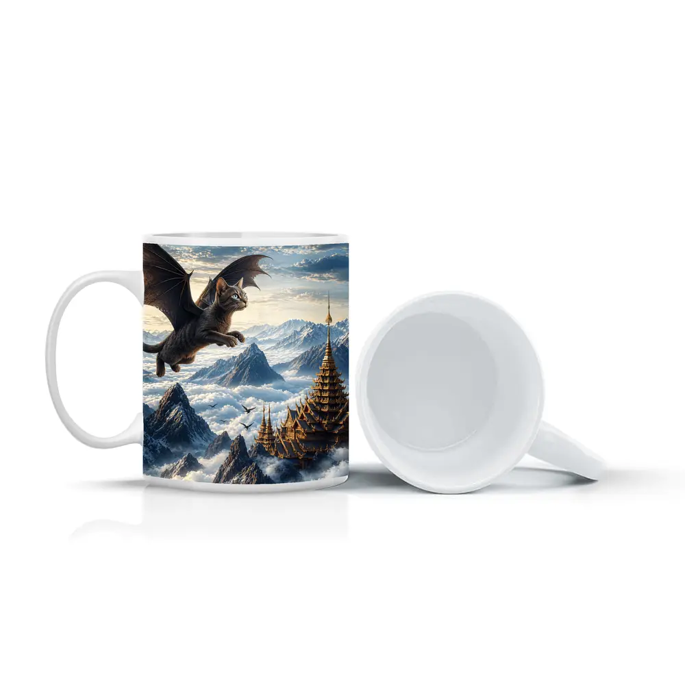 Burmese Dragon Cat Flying Over Mountains – Mugs