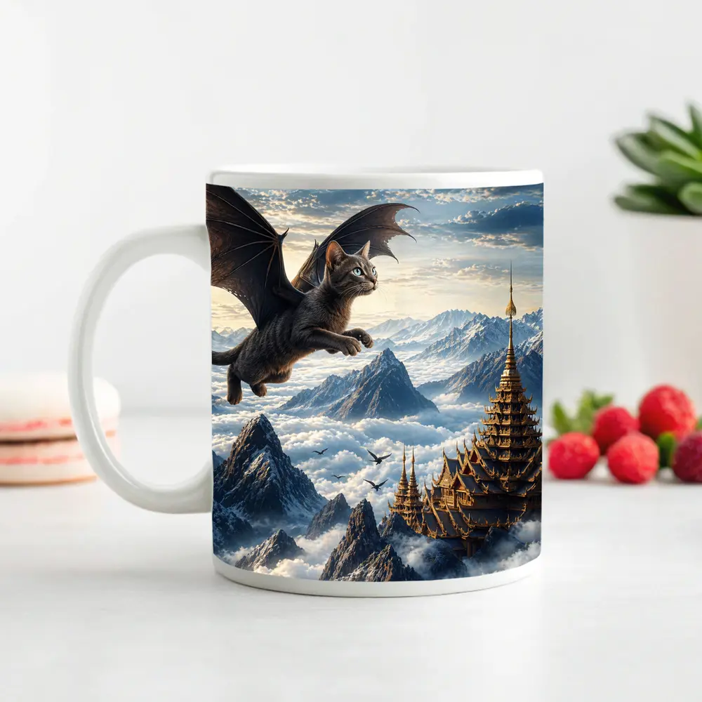 Burmese Dragon Cat Flying Over Mountains – Mugs