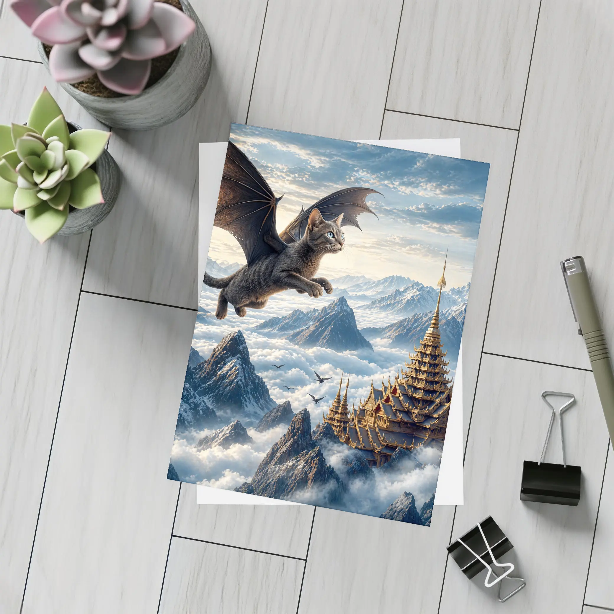 Burmese Dragon Cat Flying Over Mountains – Postcards