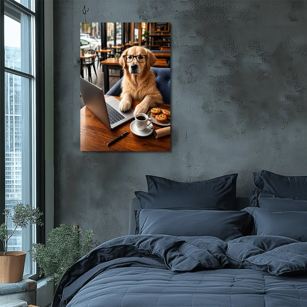 Golden Retriever With Glasses In Cafe – Wall Art