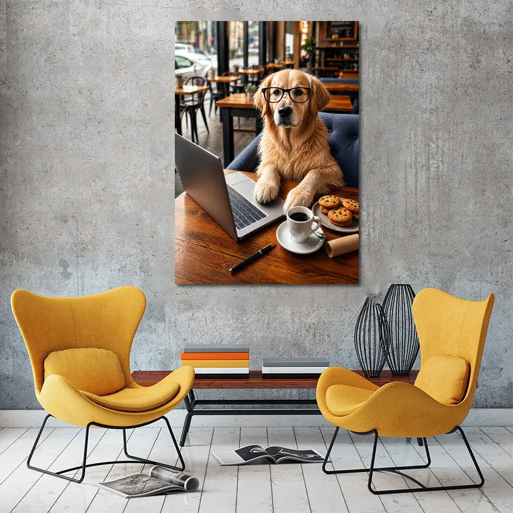 Golden Retriever With Glasses In Cafe – Wall Art
