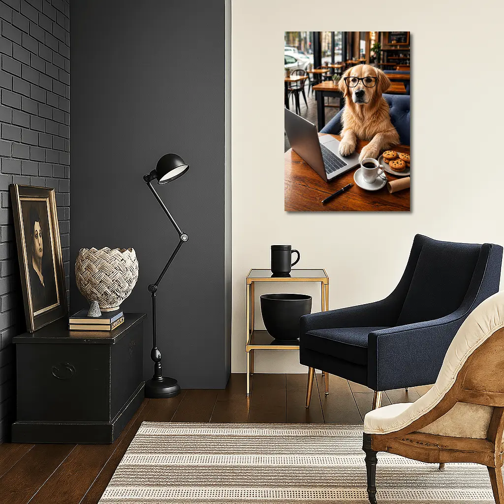 Golden Retriever With Glasses In Cafe – Wall Art