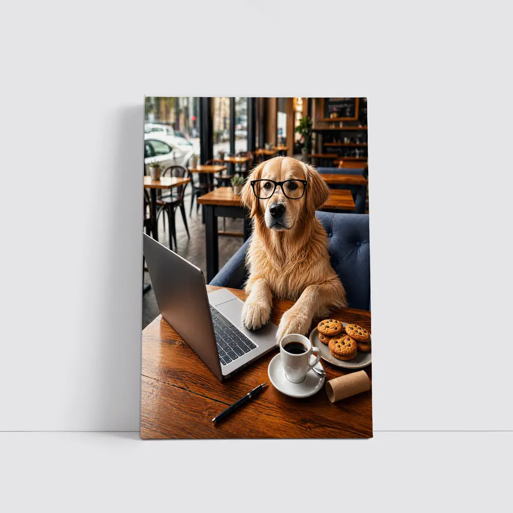 Golden Retriever With Glasses In Cafe – Wall Art